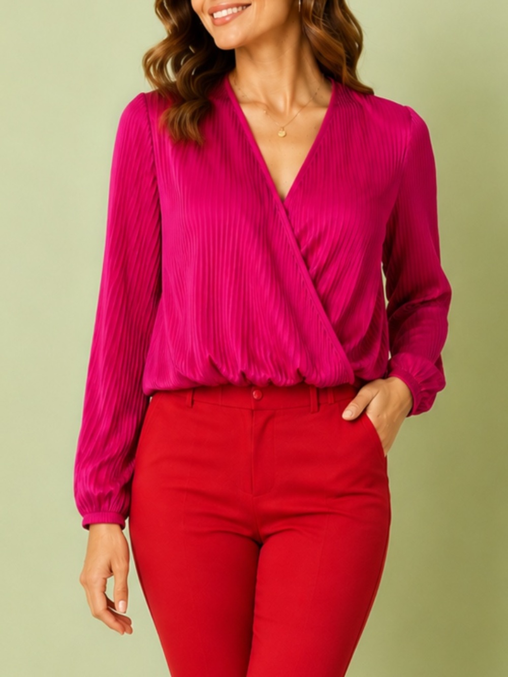 Women's Pleated Wrap Blouse Hot Pink Fuchsia Long Sleeve Stretch V-Neck Size L